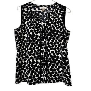 Calvin Klein Split V-neck Pleated Geometric Sleeveless Blouse Black & White Polk